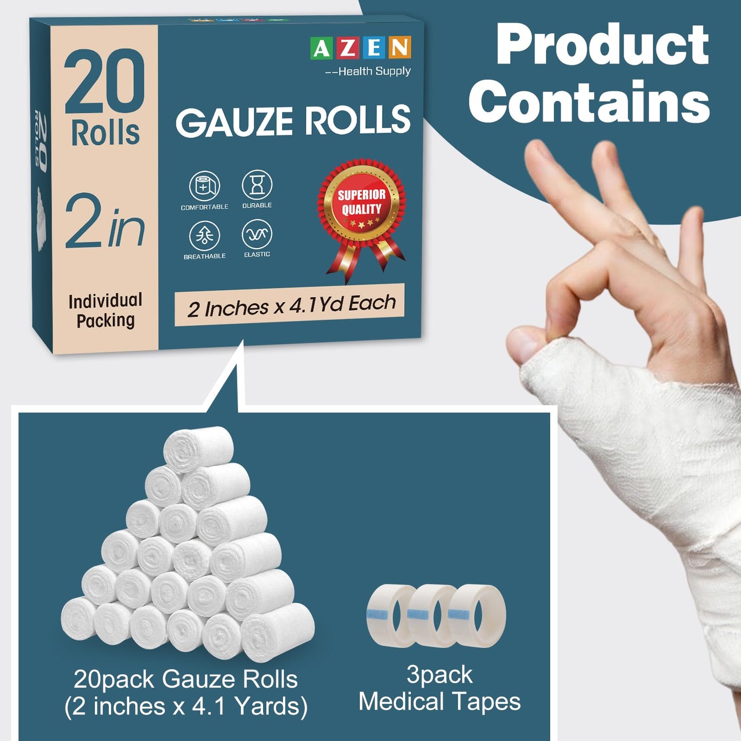 AZEN 20 Pack Premium Gauze Bandage Rolls