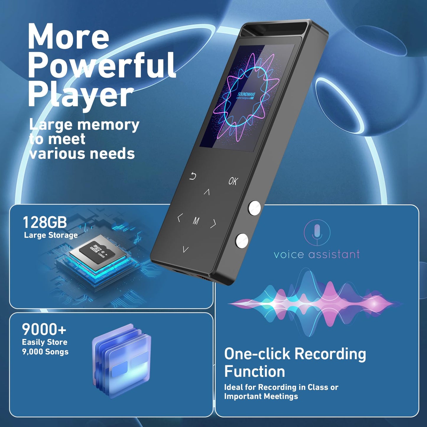MP3 Player, 128GB MP3 Player Bluetooth 5.3, Built-in Speaker to Restore High-Fidelity Sound Quality, with FM, One-Click Recording, Wire Controlled Headset, Easy to Carry, for Sports