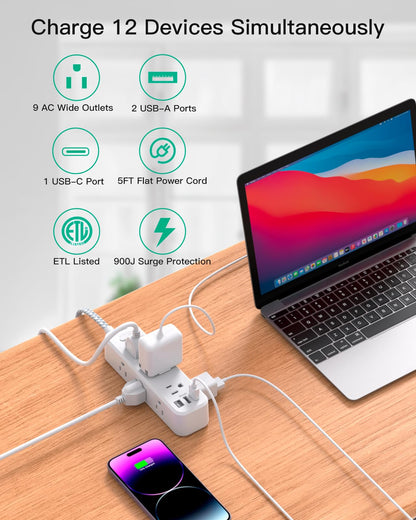 Surge Protector Power Strip, Braided Extension Cord with 9 AC Outlets 2 USB-A 1 USB-C Ports, 5ft Flat Plug Outlet Extension, 3 Sided Desktop Charging Station for Home,Office, Dorm, Travel, 900J