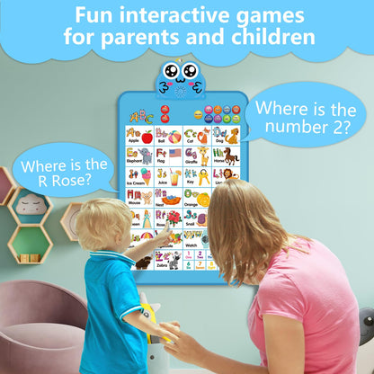 Electronic Interactive Double-Sided Alphabet Wall Chart, Talking ABC & 123 & Music & Learning Poster, Educational Toddlers Toys for Ages 2-4 and Up Kids Gift, Best for Preschool Boys & Girls(Blue)