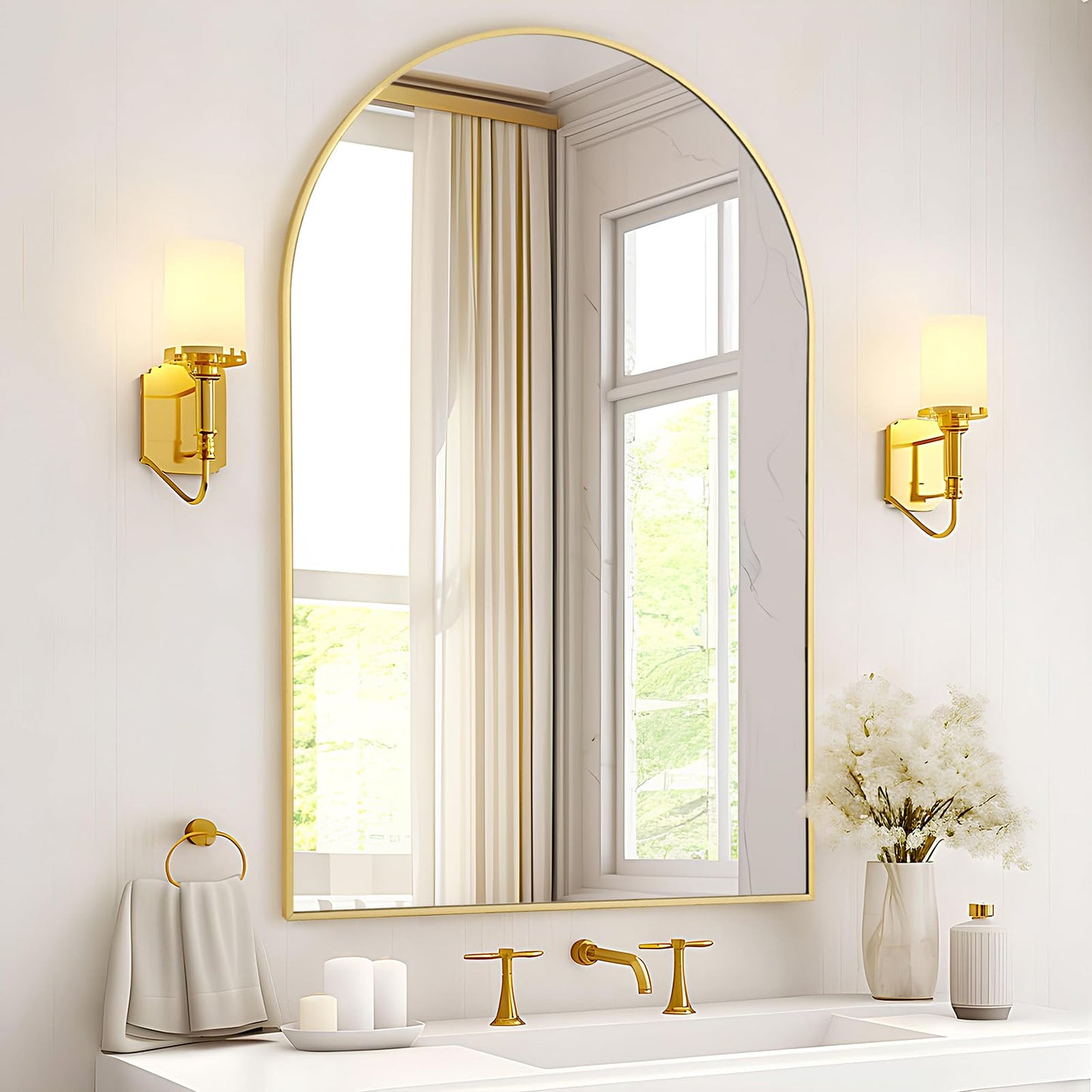 Rosynee Gold Arched Bathroom Mirror - 20x30 Gold Mirror Arch Framed for Wall, Over Sink Mantel Vanity Mirrors Decorative for Dresser, Firplace