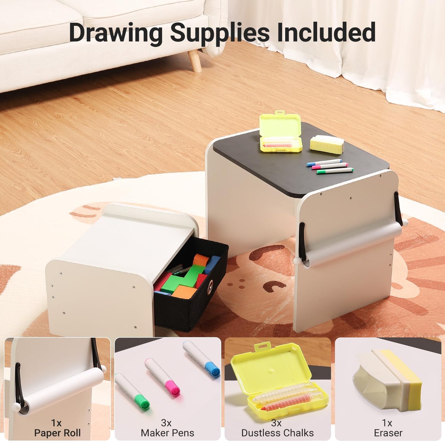 Tilhumt 3-in-1 Drawing Table and Chair Set for Kids Aged 2-5, Toddler Wooden Art Table with Paper Roll Holder & Drawing Accessories, Activity & Craft Table with Storage Drawer, Gift for Kids