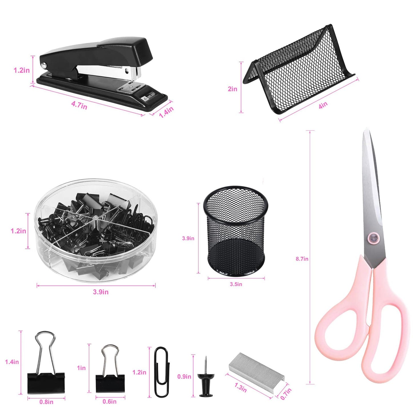 AOFUXTI Desktop Office Supplies, Desk Organizers and Accessories, Includes Stapler, Pen Holder, 72 Clip Set, Scissors, Phone Holder, Best Gifts for Women, Black