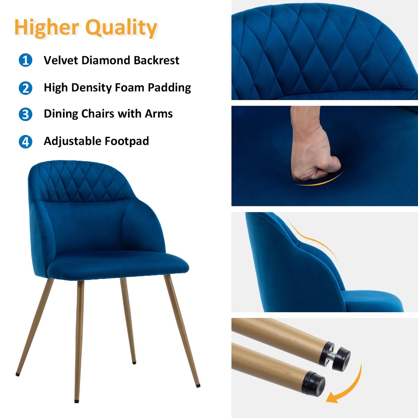 MINPINSER Velvet Dining Chairs Sets of 2, Modern Upholstered Accent Side Chairs with Arm Gold Metal Legs for Kitchen Living Bed Room, Blue