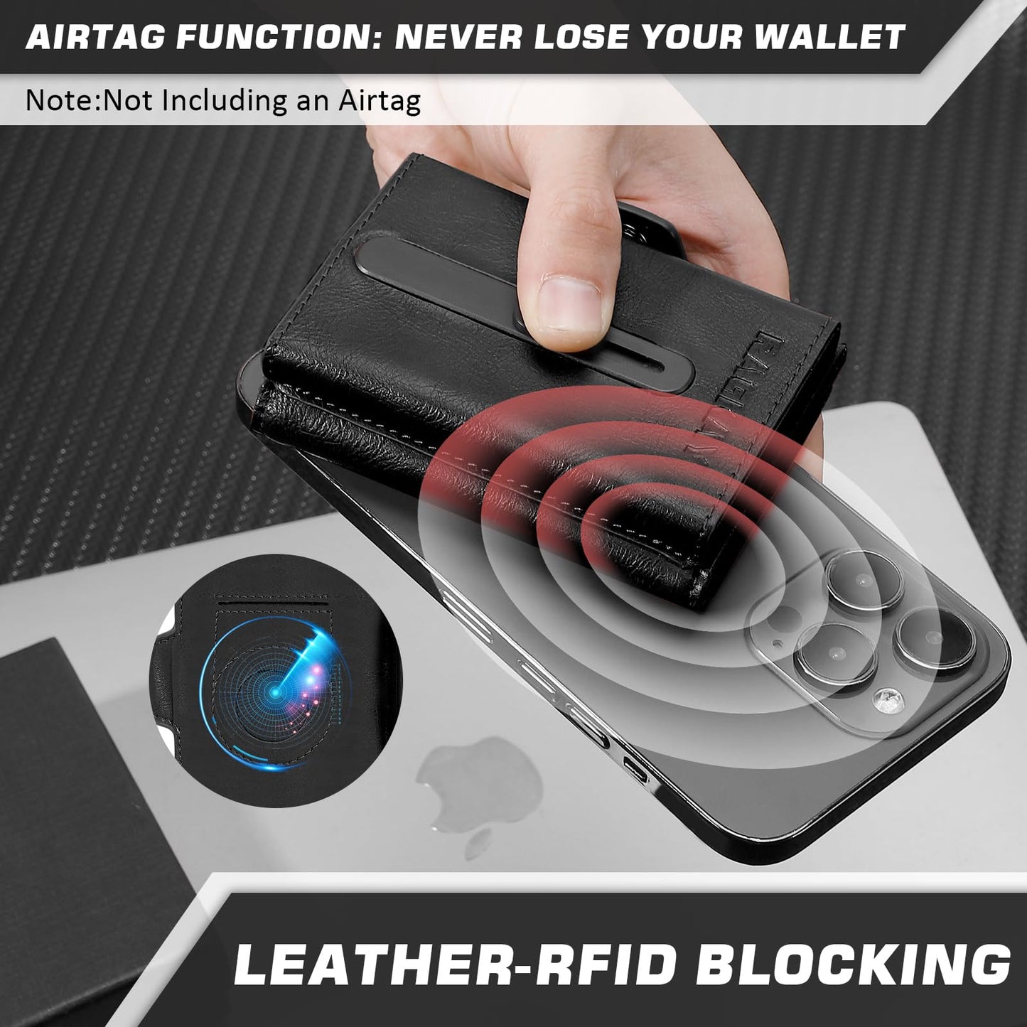 Wallet with Airtag Holder, Pop Up Card Holder and Cash Slot — Leather, Compatible with Apple Air Tag, RFID Blocking, Tri-fold Mens Wallet, Gift for Men (Black)