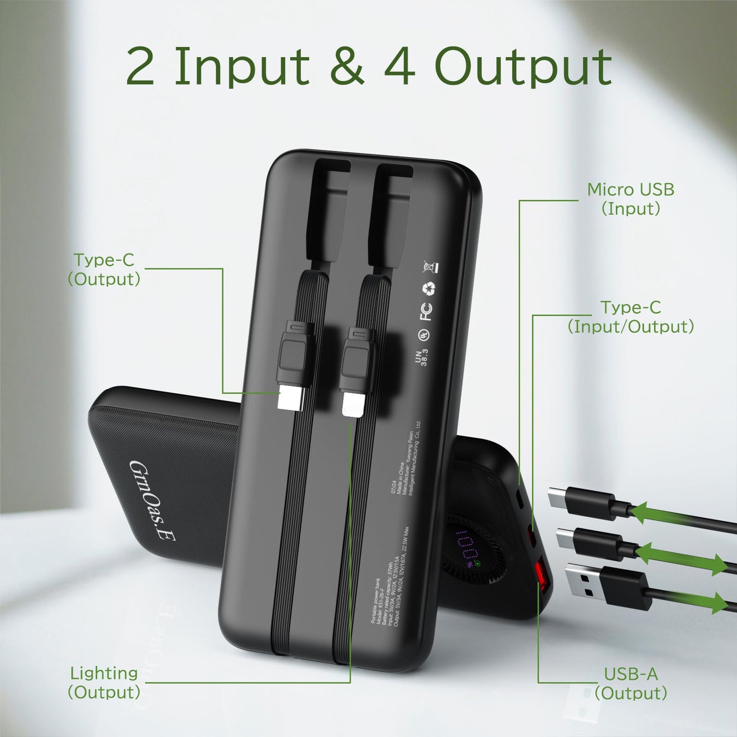 10000mAh Portable Charger with Built-in Cables
