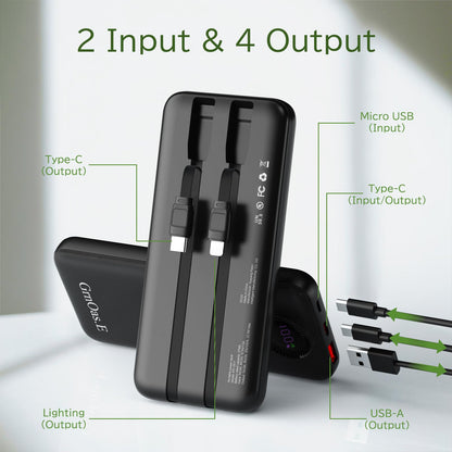 10000mAh Portable Charger with Built-in Cables