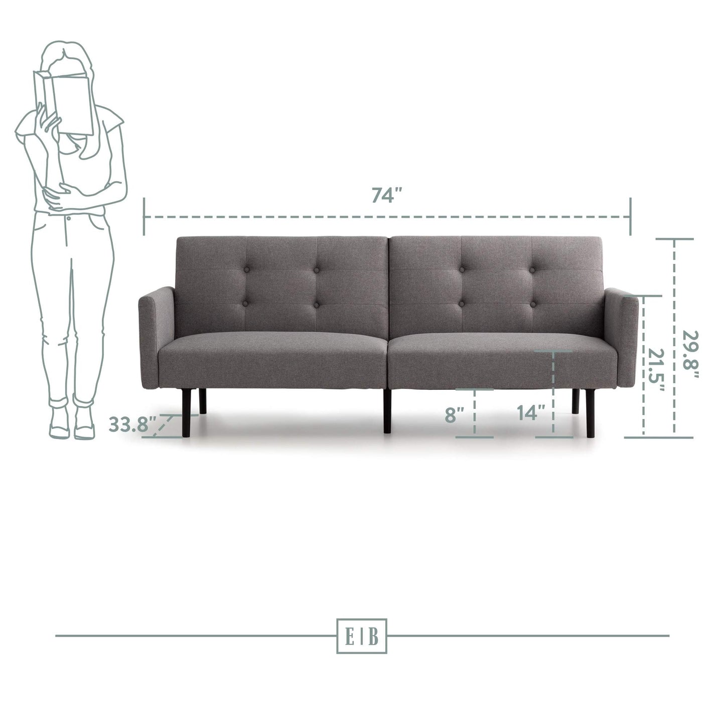 Edenbrook Gilman Futon - Futon Sofa Bed - Futon Couch - Small Futon - Living Room Furniture - Armed Sofa Bed Couch - Sofa – Gray Linen Futon