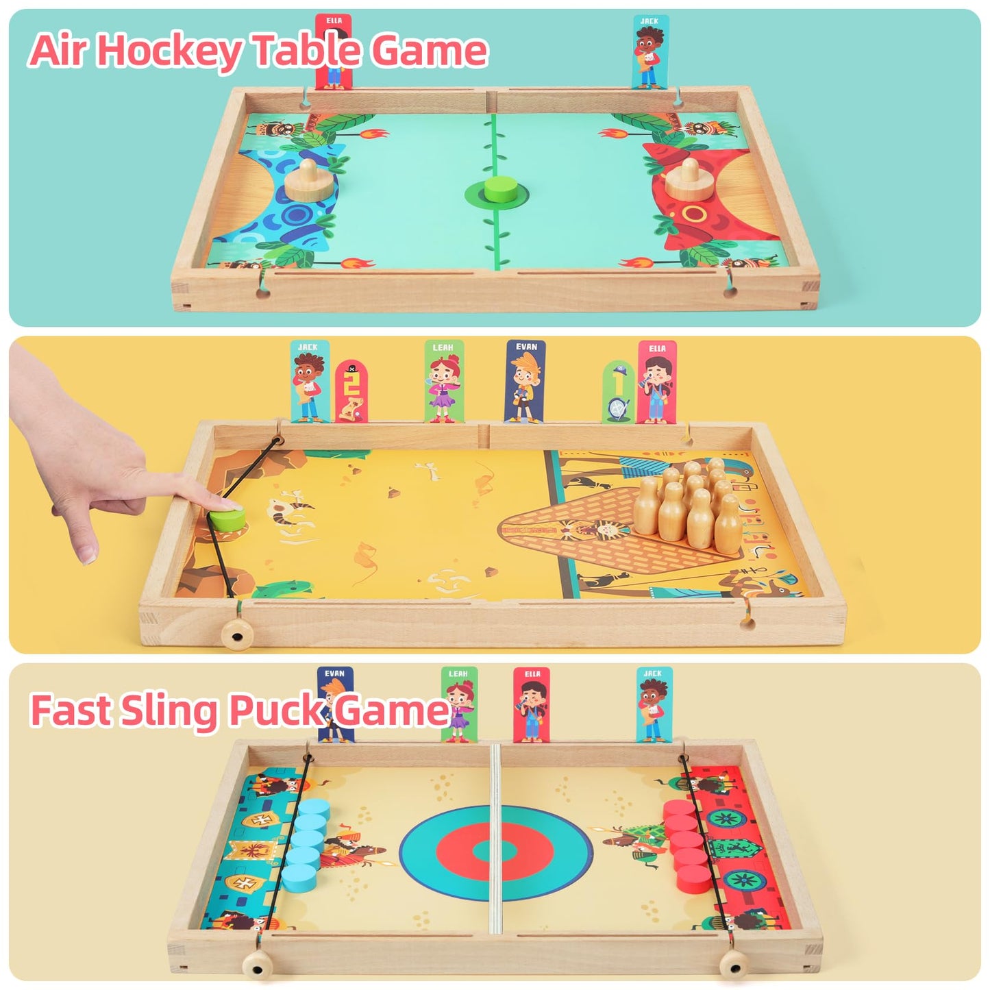 QZMTOY Large Fast Sling Puck Game Air Hocky Table Game Bowling Games -10 in 1 Family Games for Boys Girls,Teens,Adults,Wooden Hockey Board Game for 3+ Years Old Kids