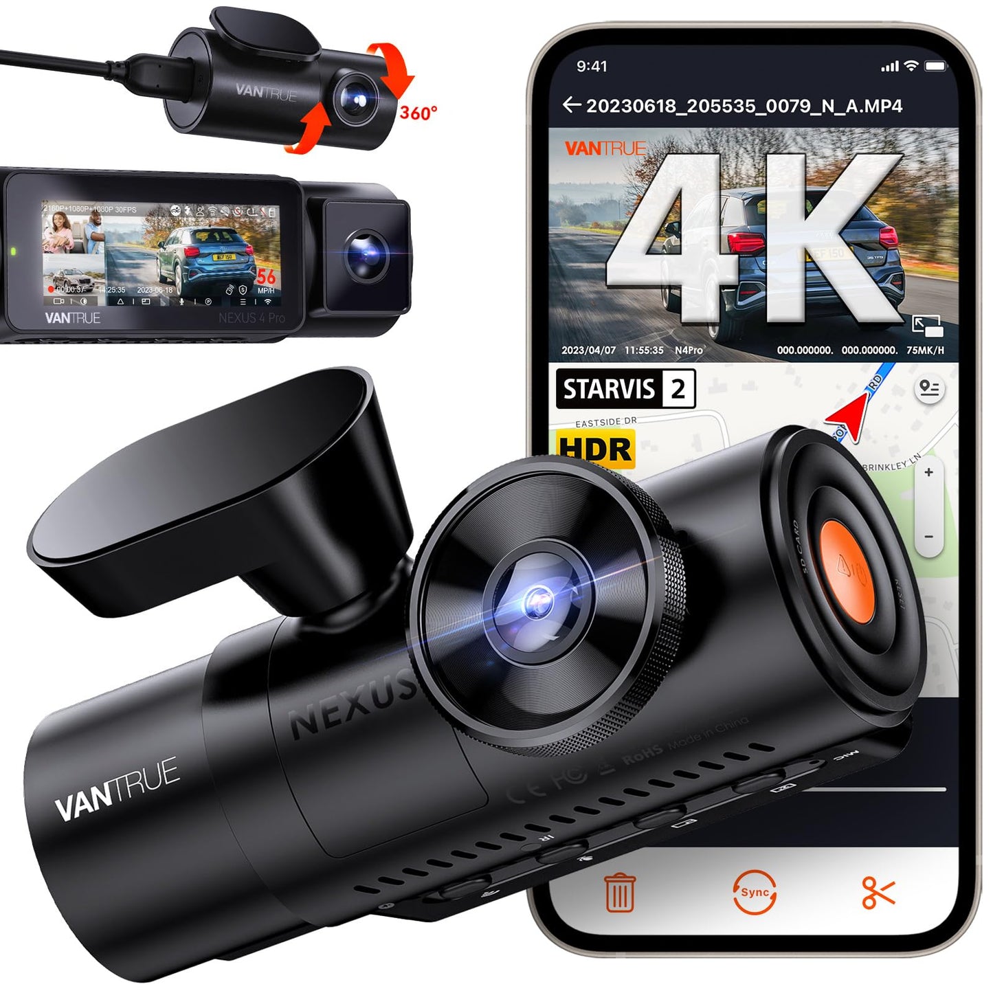 Vantrue N4 Pro 3 Channel 4K WiFi Dash Cam, STARVIS 2 IMX678 x PlatePix™ x HDR Night Vision, 4K+1080P+1080P Front Inside and Rear Car Camera, Voice Control, GPS, 24H Parking Mode, Support 512GB Max