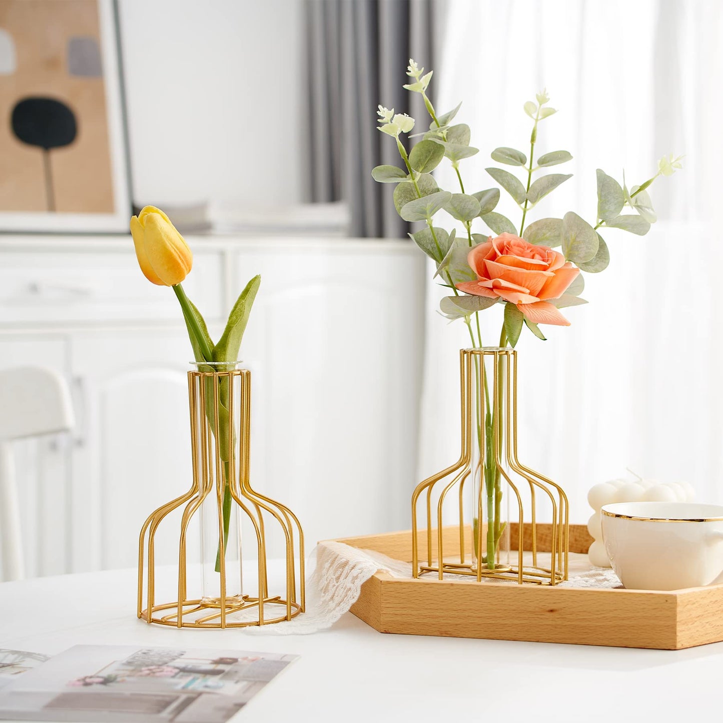 2PC Gold Vase for Centerpieces Home Decor, Clear Glass Test Tube Vases Decorative, 3.9" W x 5.9" H Metal Modern Flower Vase, Small Bud Vases Gifts for Women Wedding Living Room Table Decorations