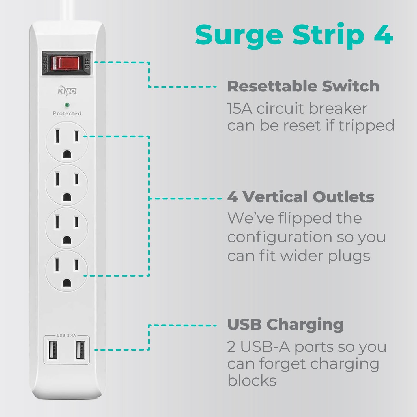 KMC 4-Outlet Surge Protector with USB Ports