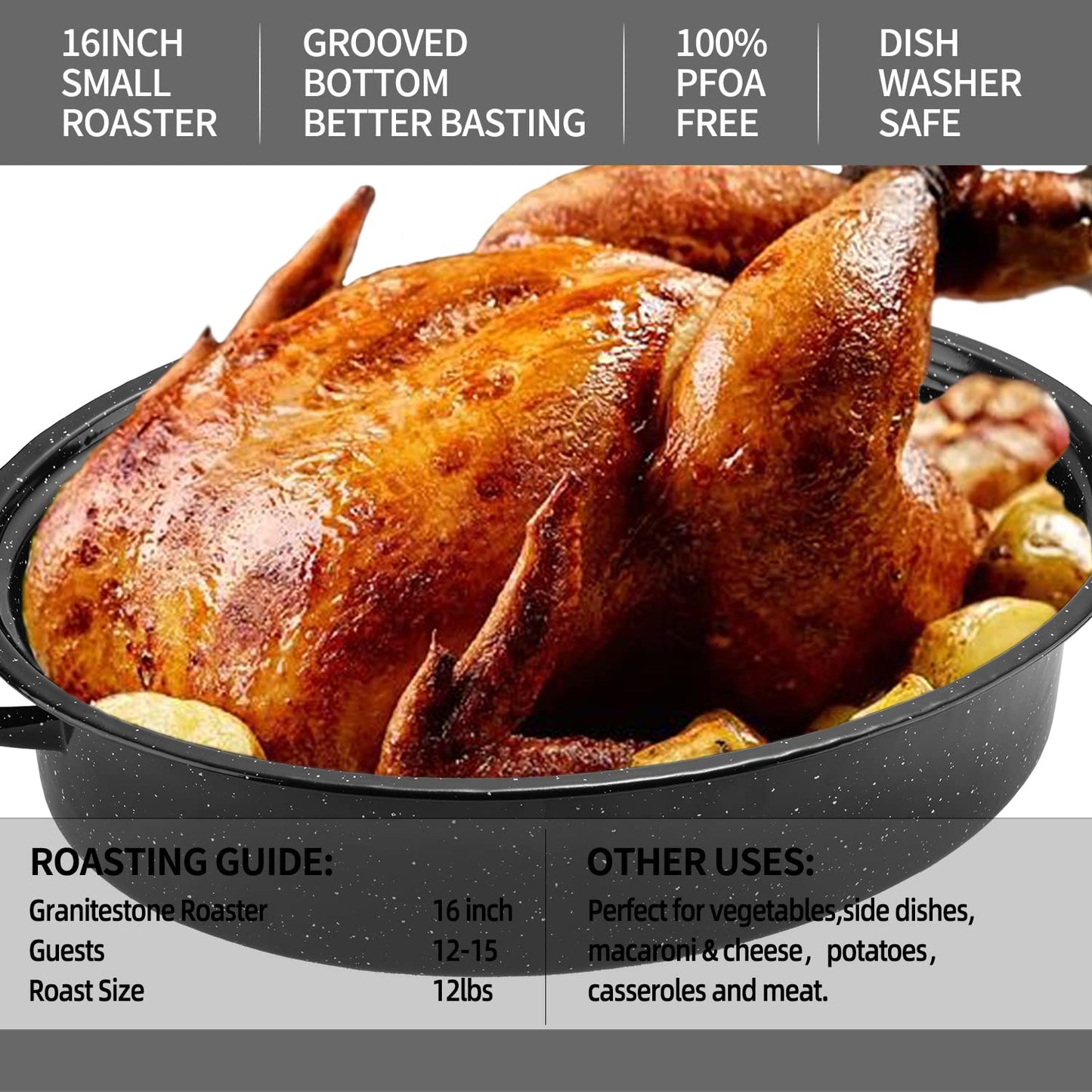 Granite Roasting Pan, Medium 16” Enameled Roasting Pan with Domed Lid. Oval Turkey Roaster Pot, Broiler Pan Great for Small Turkey, Chicken, Ham, Dishwasher Safe Fit for Roast 12Lb Bird by Kendane