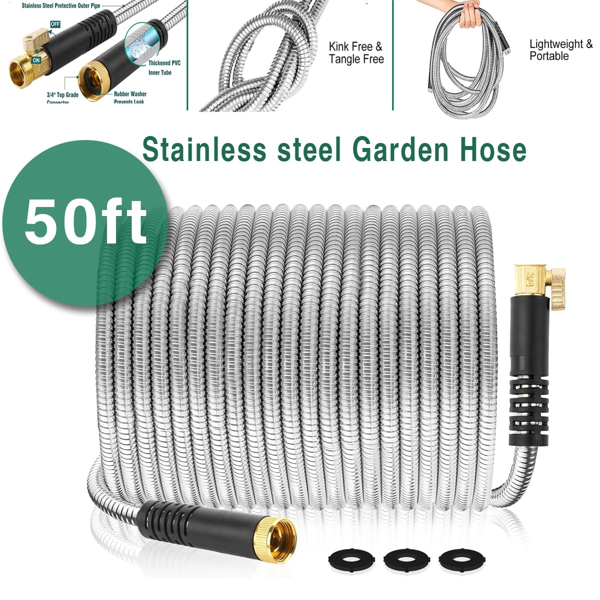 50ft Stainless Steel Garden Hose with Nozzle