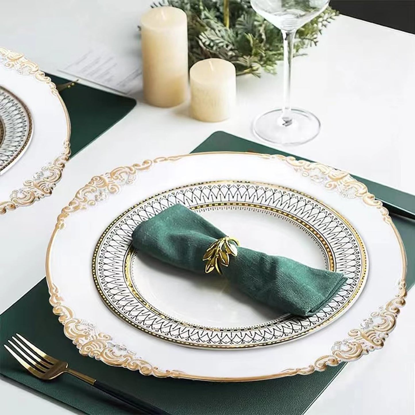 Junnfun White Charger Plates Set of 6,White Chargers for Dinner Plates,Plastic Charger Plates White and Gold Rim Charger Plates,Vintage Plate Chargers for Table Settings,Sturdy and Beautiful