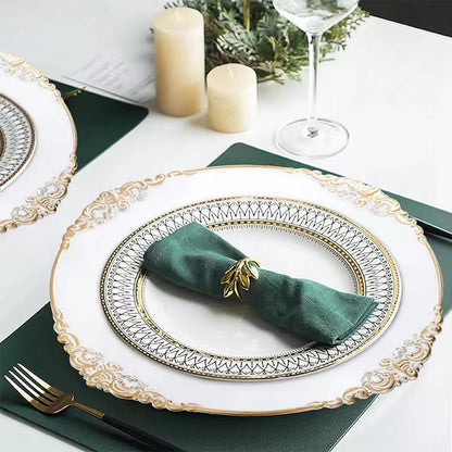 Junnfun White Charger Plates Set of 6,White Chargers for Dinner Plates,Plastic Charger Plates White and Gold Rim Charger Plates,Vintage Plate Chargers for Table Settings,Sturdy and Beautiful