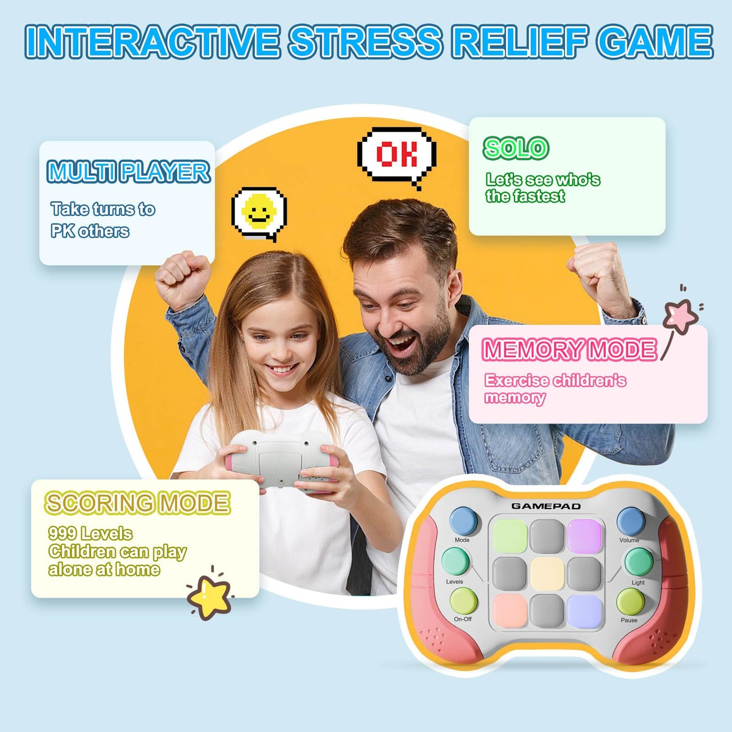 YouJabz Fast Push Game Fidget Toys, Upgraded Flashing Pop Games It Pro for Kids, Quick Push Light Up Fidget Game Controller Gift Handheld Console Gamepad Toy for Boys Girls Teens