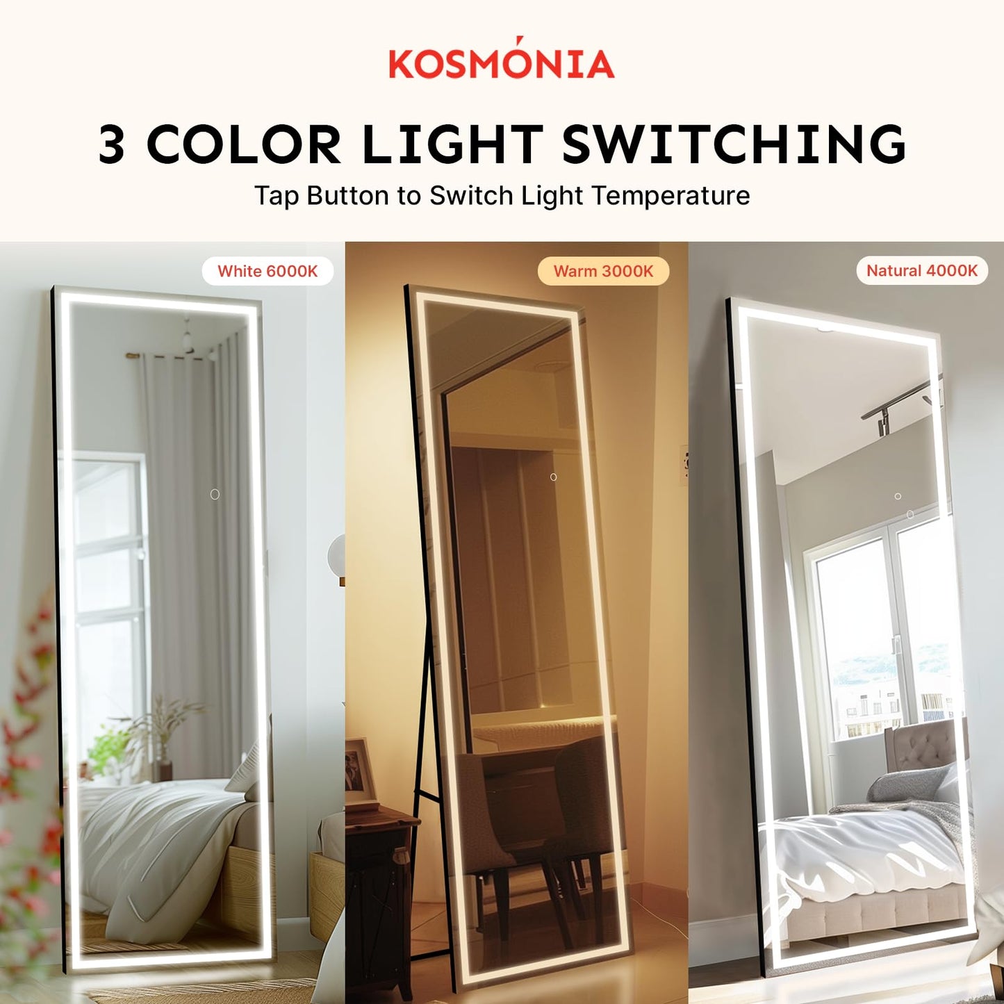 Kosmonia Full Length Mirror with Dimmable LED Light