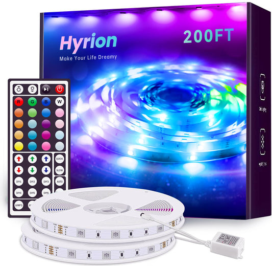 hyrion 200ft Led Strip Lights(2 Rolls of 100ft) for Bedroom with 44 Keys Remote,24 Volt Dimmable RGB Color Changing Led Lights for Bedroom,Living Room,Kitchen,Desk,Home Decoration