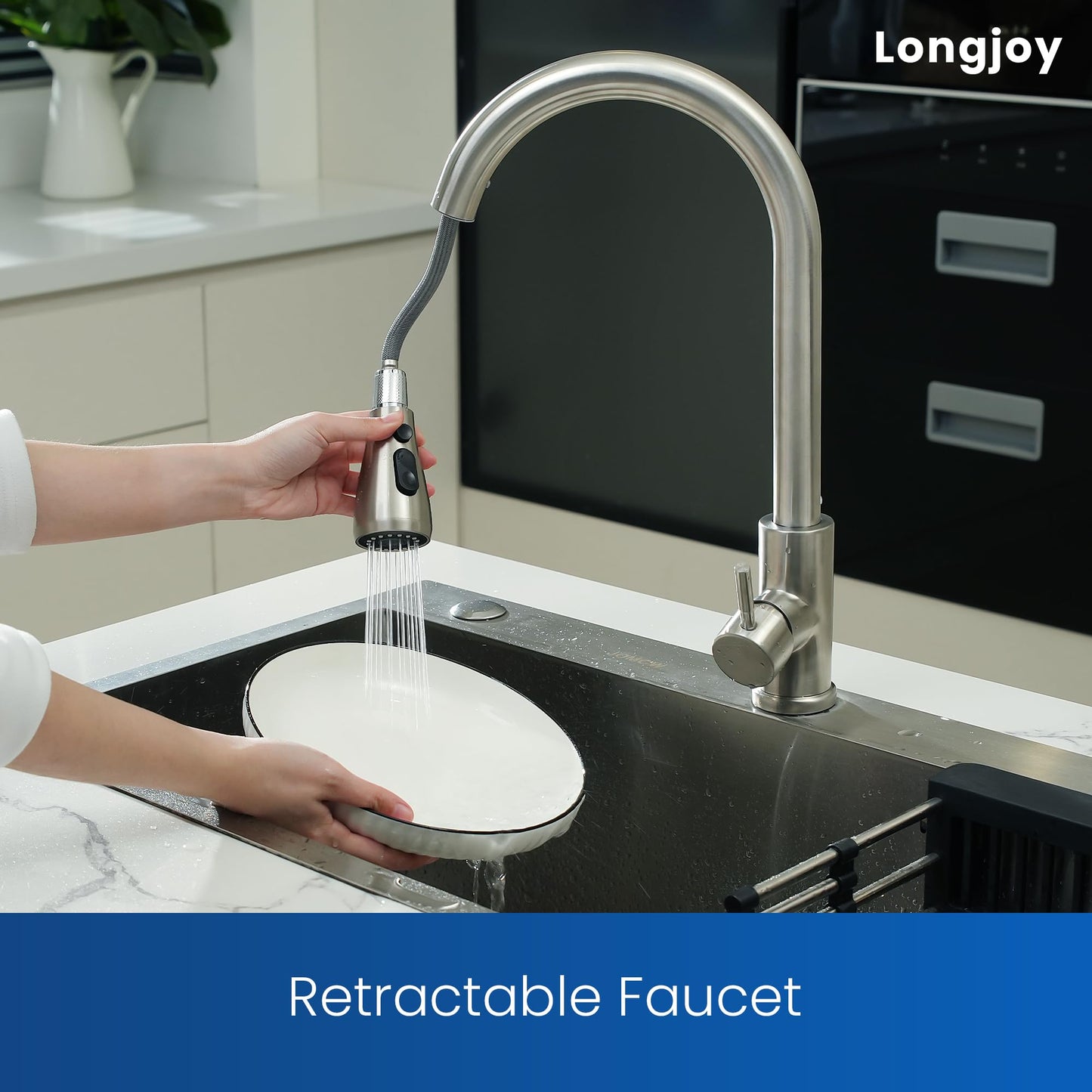 Longjoy Kitchen Faucets,Single Handle High Arc Pull Down Kitchen Faucet,Stainless Steel Kitchen Sink Faucets with Pull Down Sprayer,Kitchen Sink Faucets for Laundry Bar