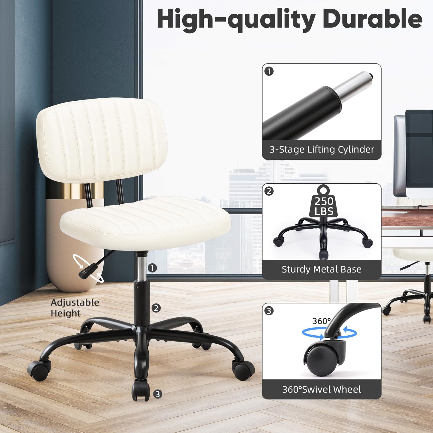 Sweetcrispy Small Desk Chair Armless,Comfortable Office Chair with Wheels, Rolling Task Chair with Low Back Lumbar Support, Vanity Chair for Bedroom Living Room Study Room, PU Leather,Crame White