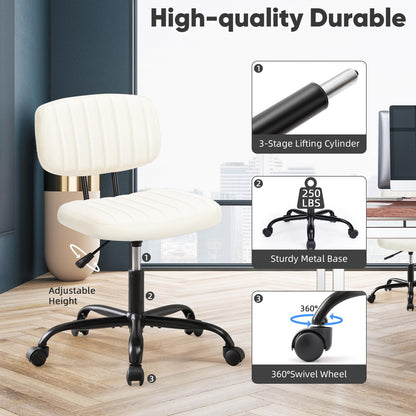 Sweetcrispy Small Desk Chair Armless,Comfortable Office Chair with Wheels, Rolling Task Chair with Low Back Lumbar Support, Vanity Chair for Bedroom Living Room Study Room, PU Leather,Crame White