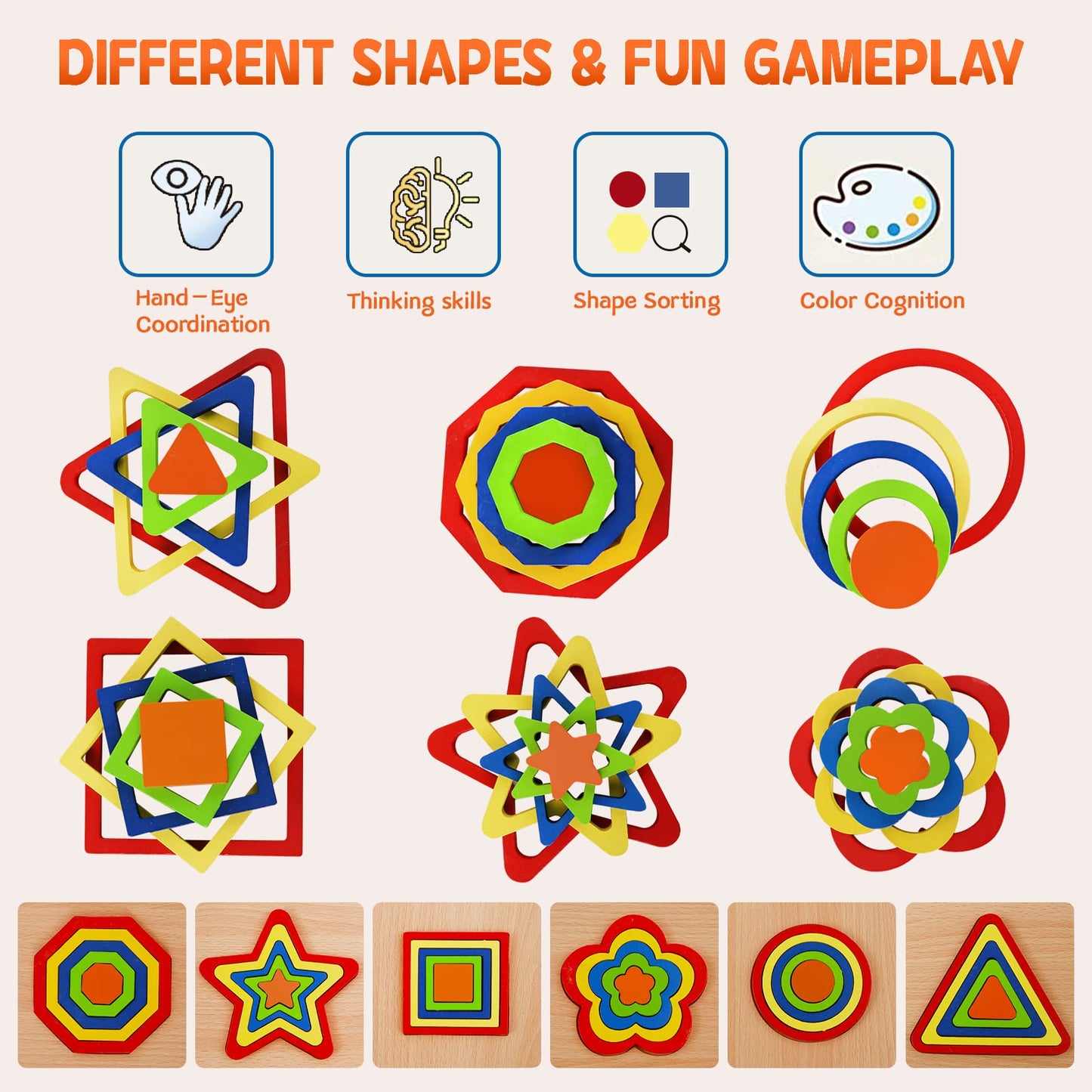 Toddler Puzzles 6 Pcs Wooden Puzzles for Toddlers Montessori Shape Sorting Puzzle Toddlers Activities Early Educational Preschool Learning Sensory Toys Montessori Toys 1-3 Year Old