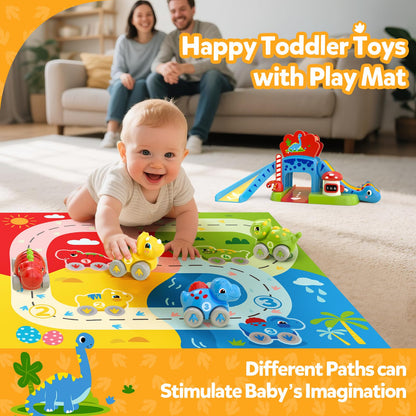 Toddler Toys for 1 Year Old Boy Gifts - Educational Dinosaur Slide Set with 4 Color/Number Push Cars and Playmat, Montessori Learning Toy for Baby 12-18 Months, 1st Birthday Present Ages 1-1.5, Red