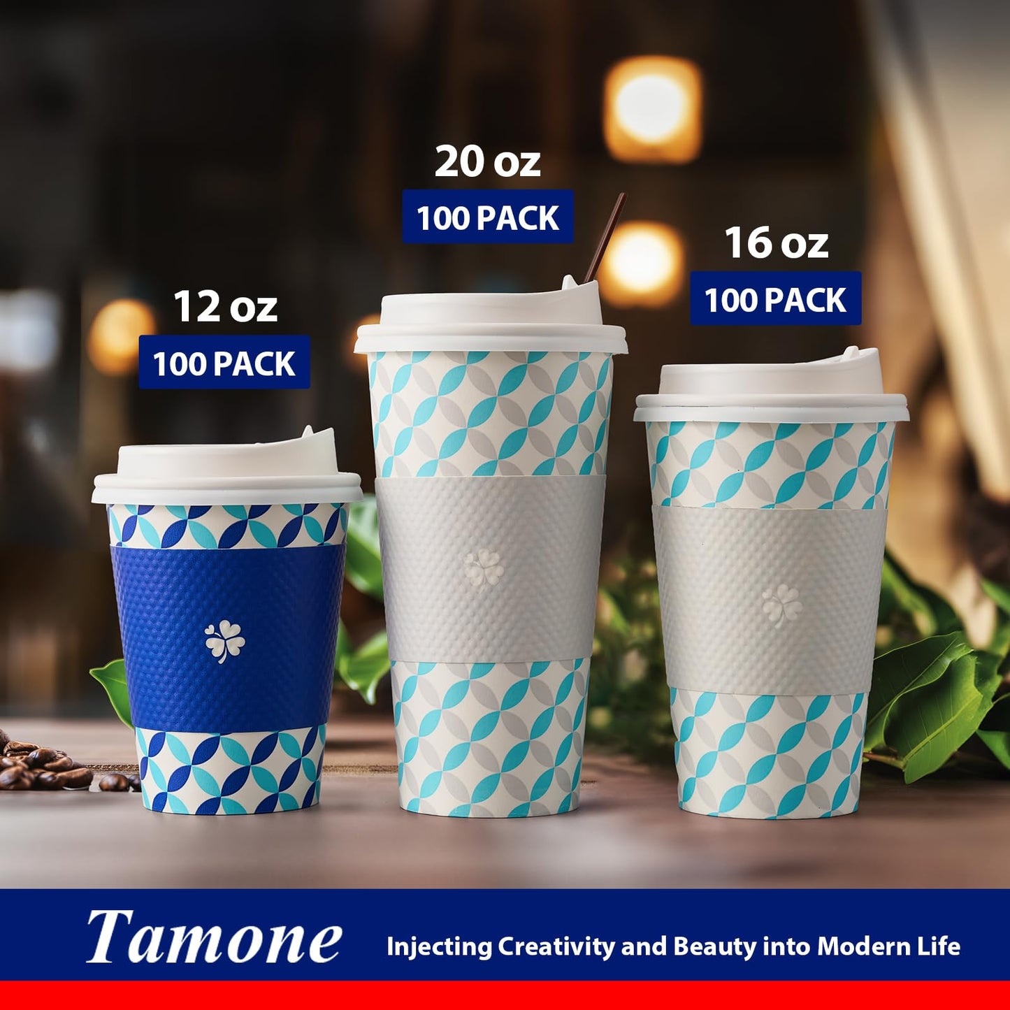 Tamone 100 PACK 16OZ Disposable Coffee Cups with Lids, Sleeves and Stirrers, To Go Coffee Cups with Lids Leak Proof, Blue Coffee Cups for Cold/Hot Beverage Chocolate Cocoa for Home Office