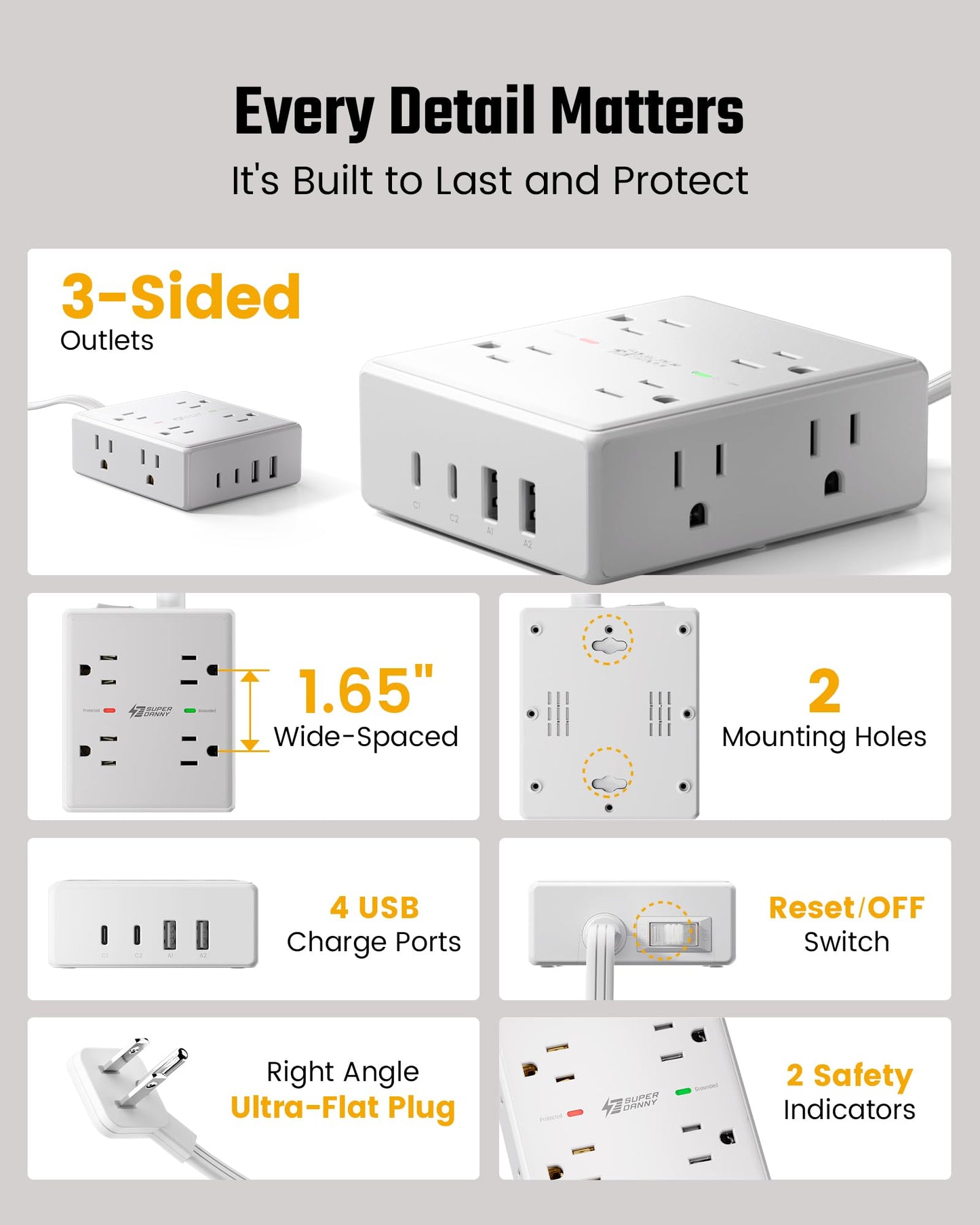 10Ft Extension Cord with 8 Outlets & USB Ports