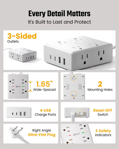 10Ft Extension Cord with 8 Outlets & USB Ports