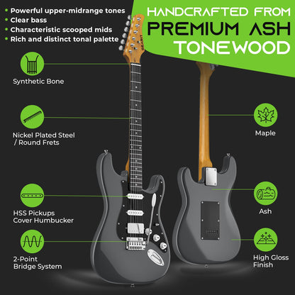 GEARit Professional Electric Guitar (Premium Ash Tonewood), GST-200 SoCal Series, 39in Full-Size, HSS Pickups with Coil Split, Round Frets, Genuine Rosewood Fretboard, Accessories - Metallic Gray