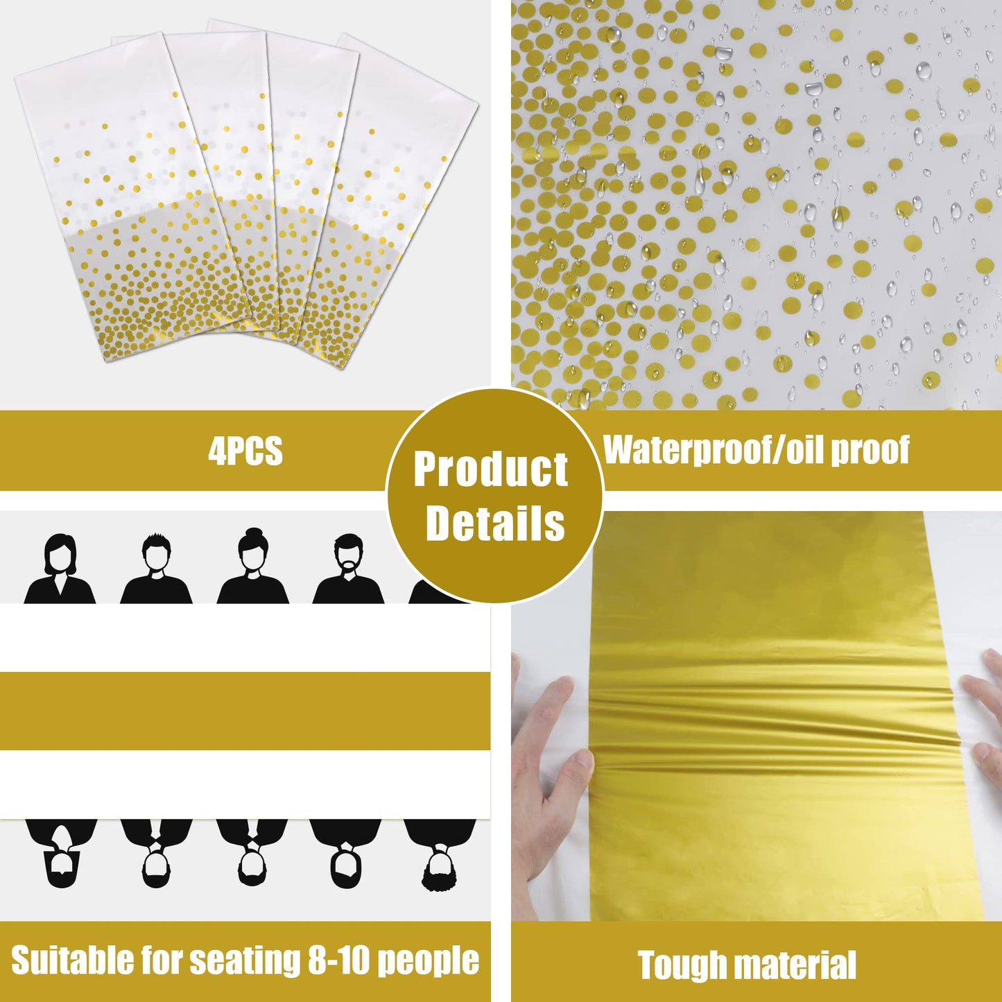 OHOME 4 Pack Disposable Plastic Table Cloths for Parties,White and Gold Rectangle Table Covers for Wedding Bridal Shower Birthday | Baptism Decorations,Engagement Party Decorations 54" x 108"