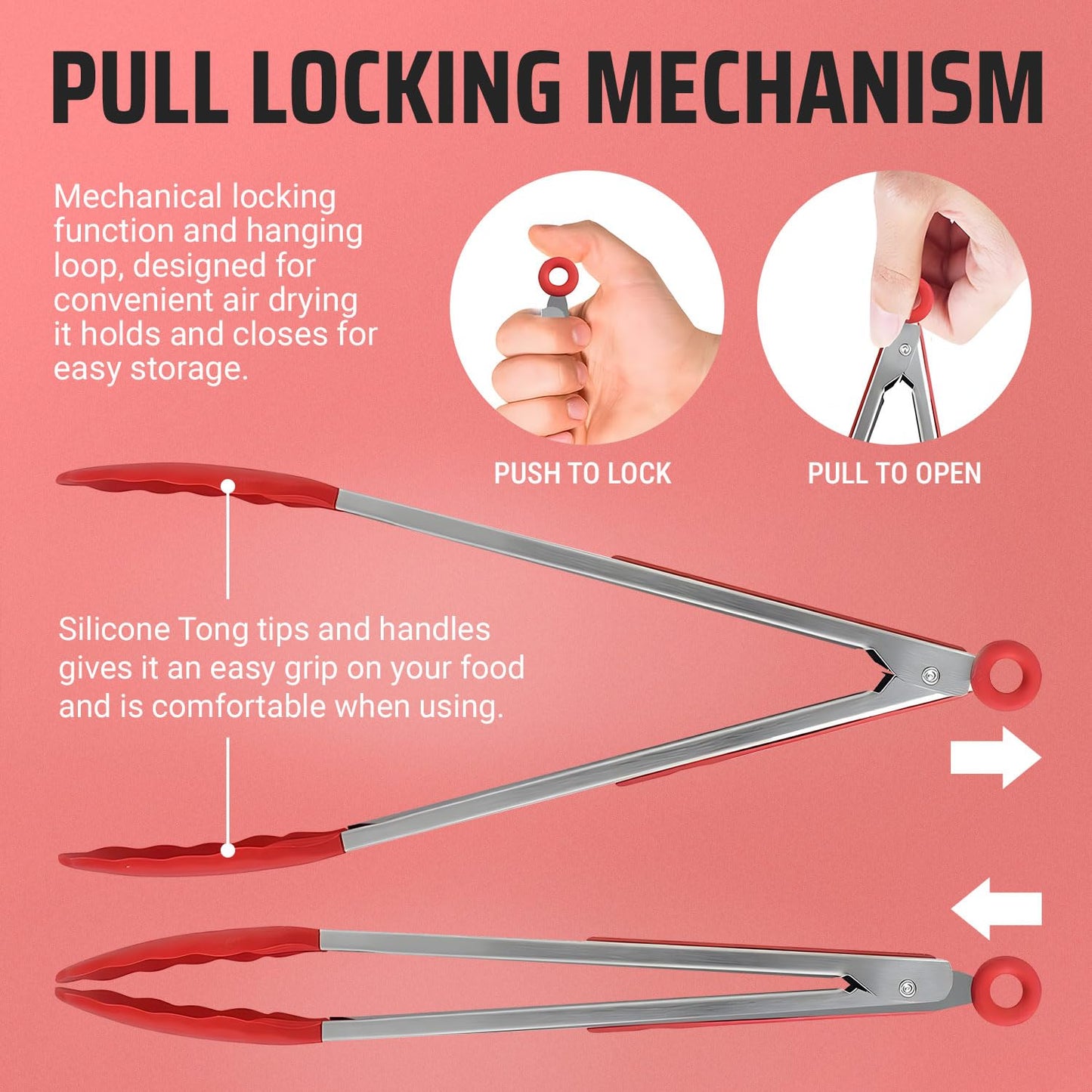 Kaluns Kitchen Tongs for Cooking Grilling Set of 4, BBQ Grill Tongs With Silicone Tip Stainless Steel Heat Resistant, Non-stick Pull Lock, Incl 7, 9, 12 Inch Tong Plus a Silicone Spatula