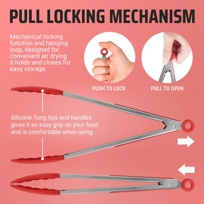 Kaluns Kitchen Tongs for Cooking Grilling Set of 4, BBQ Grill Tongs With Silicone Tip Stainless Steel Heat Resistant, Non-stick Pull Lock, Incl 7, 9, 12 Inch Tong Plus a Silicone Spatula