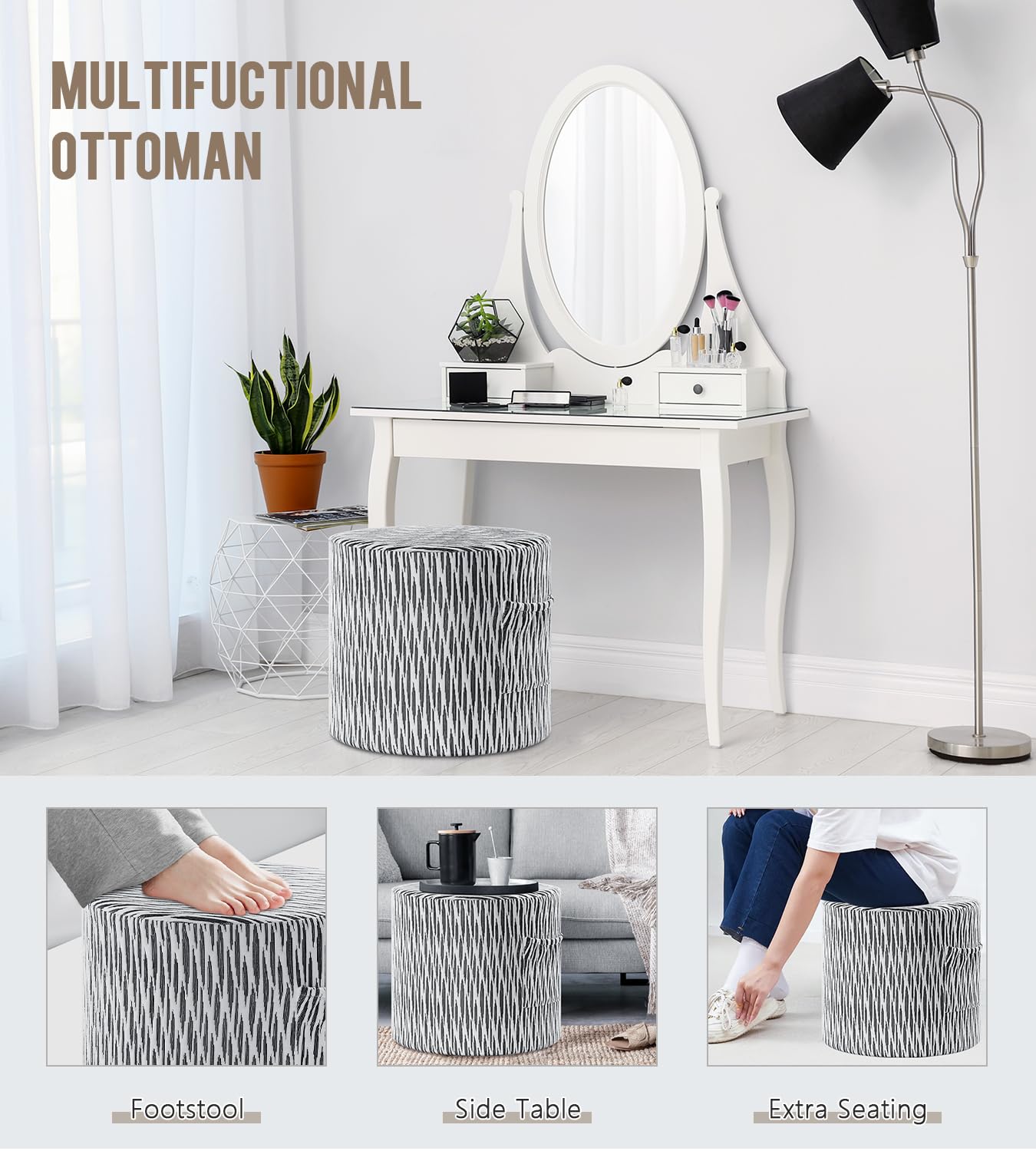 Round Stuffed Pouf Ottoman for Living Room
