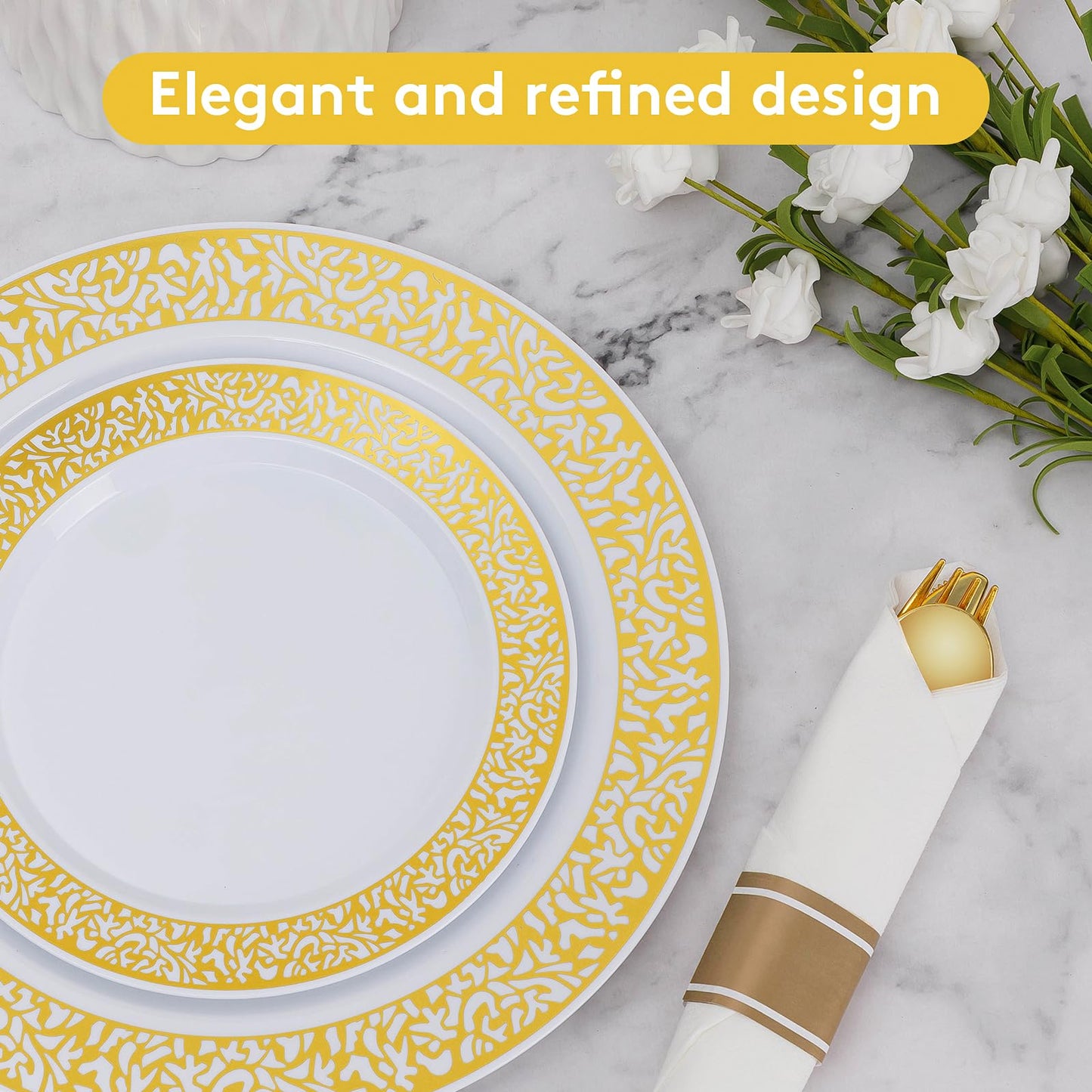 Goodluck 175 Piece Gold Plastic Dinnerware Set for 25 Guests, Disposable Lace Plates for Party, Include: 25 Gold Dinner Plates, 25 Dessert Plates, 25 Pre Rolled Napkins with Silverware, 25 Cups