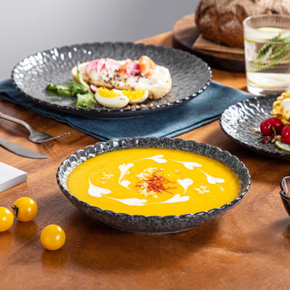 vancasso Dinnerware Sets Gray Reactive Glaze Crockery Set, 12-Piece Stoneware Plates and Bowls Set with Dinner Plate, Dessert Plate and Pasta Bowl Chrysanthemum Embossed, Service for 4