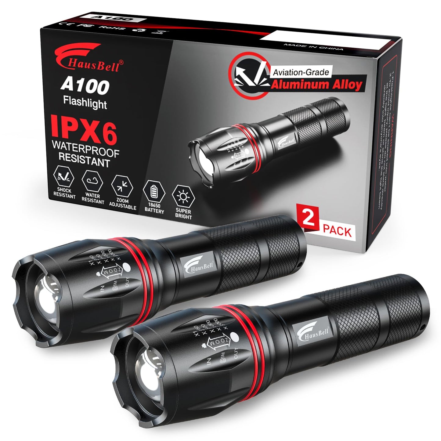 HAUSBELL LED Flashlights, Waterproof, 5 Modes, 2Pack