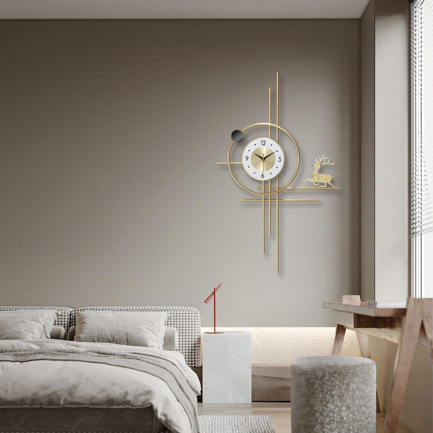 PSYCHE GOD Modern Gold Wall Clock 24.8 Inch Decorative Metal Wall Clocks for Living Room Decor,3D Elk Non-Ticking Clock Battery Operated for Bedroom