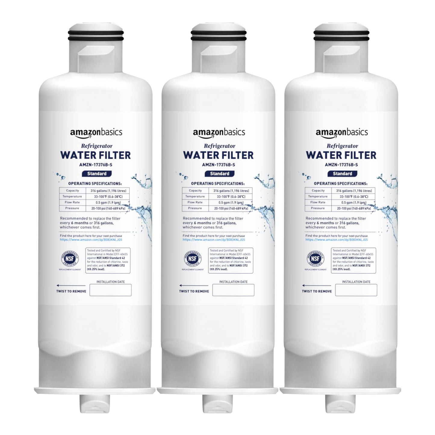 Amazon Basics Replacement Samsung DA97-17376B, HAF-QIN/EXP Refrigerator Water Filter, 3-Pack, Standard Filtration