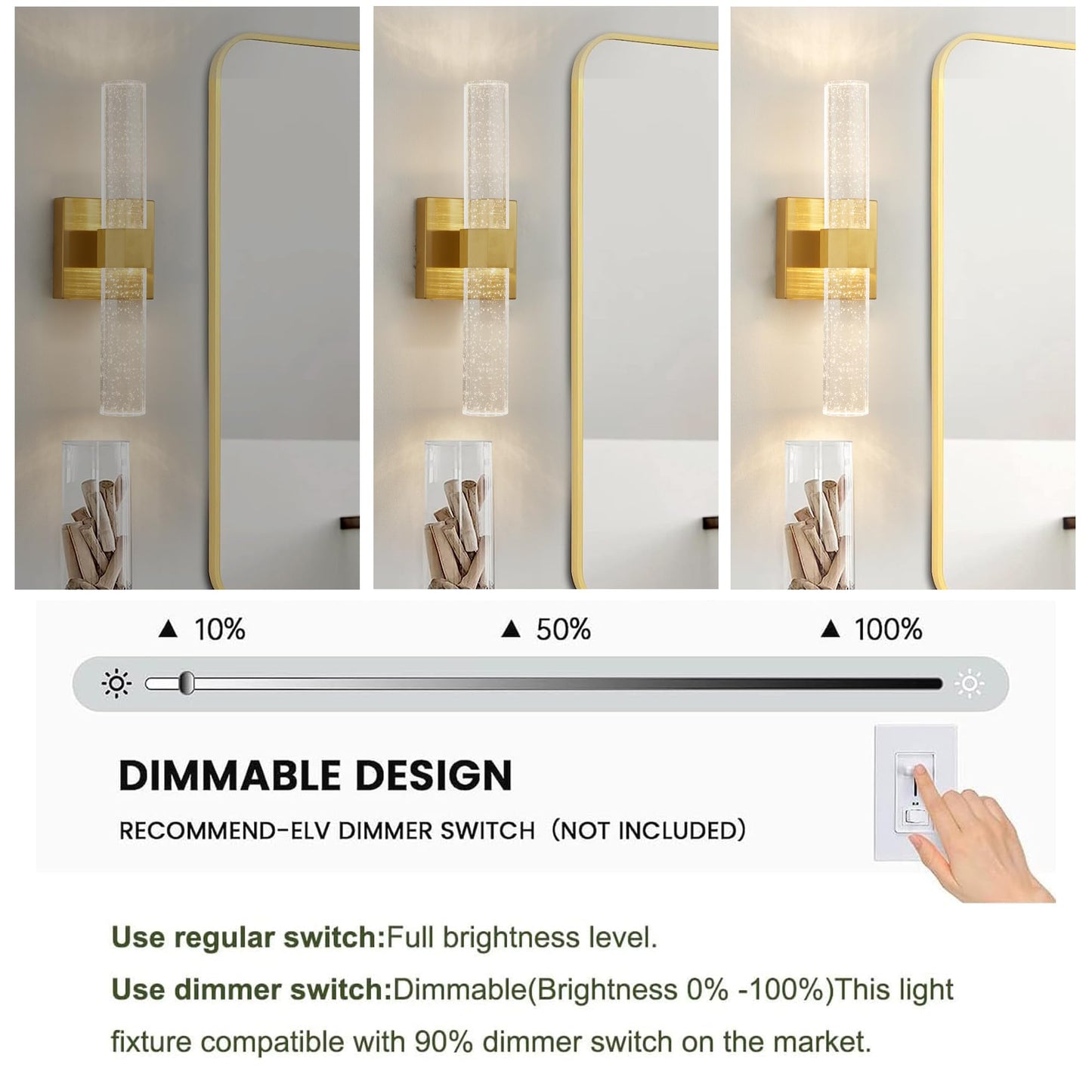 OYLYW Gold Wall Sconces Set of 2,Crystal Bathroom Dimmable Vanity Light Fixture, LED Wall Lights 10W 3000K Warm White Bedroom Sconce Wall Lighting