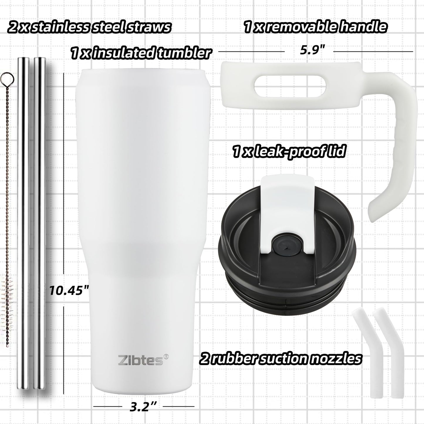 Zibtes 40oz Insulated Tumbler with handle and Lid Straws, Stainless Steel Travel Coffee Cup Holder Friendly, Metal Water Bottle Keeps Drinks Cold up to 34 Hours(White 1 pack)
