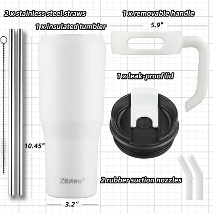 Zibtes 40oz Insulated Tumbler with handle and Lid Straws, Stainless Steel Travel Coffee Cup Holder Friendly, Metal Water Bottle Keeps Drinks Cold up to 34 Hours(White 1 pack)