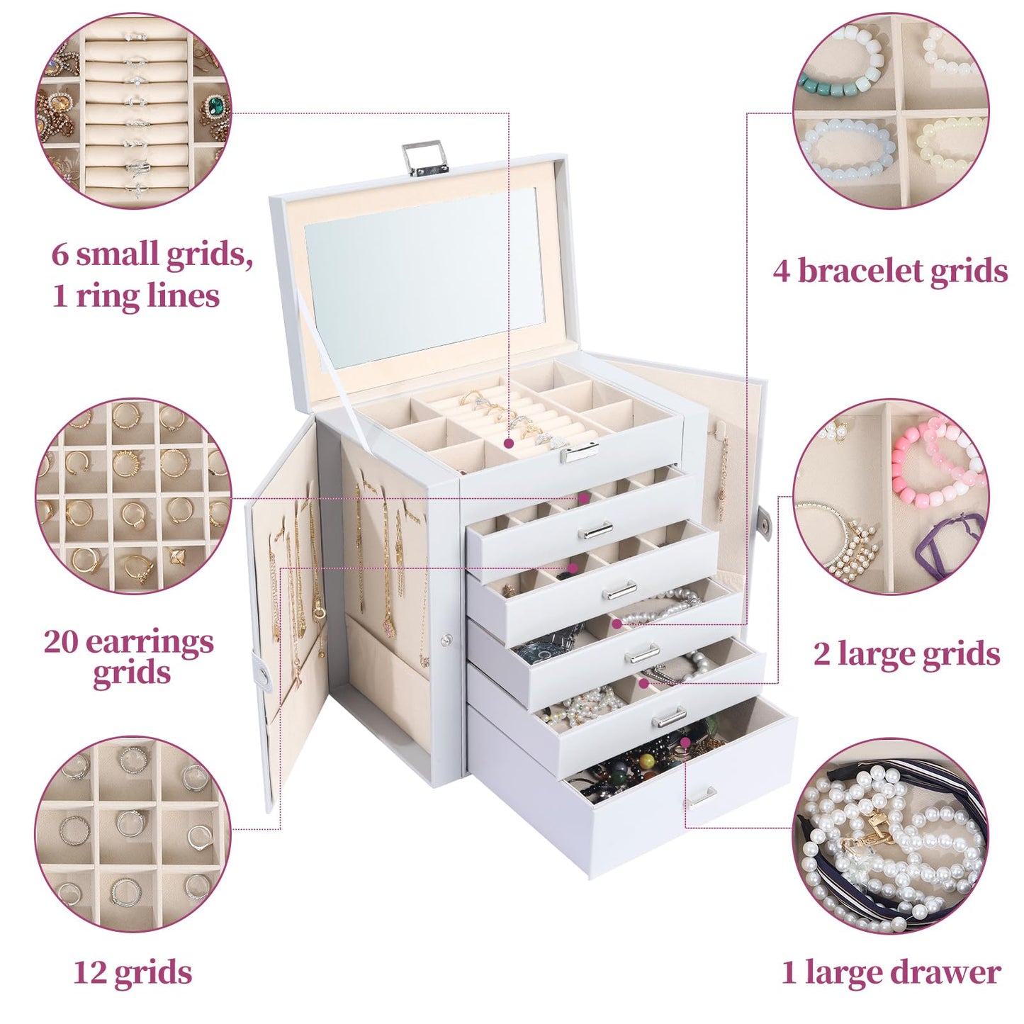 ASINGYER Jewelry Box for Women, 6 Layer Lockable Large Jewelry Holder Organizer with 5 Drawers for Jewelry Storage, Big Jewelry Box for Womens’ Christmas Gift (gray)