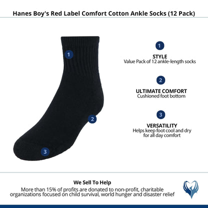 12 Pack Hanes Boys Cushioned Ankle Socks