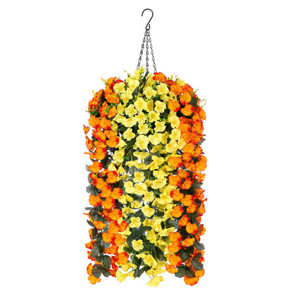 Artificial Faux Fall Autumn Hanging Flowers Plants Baskets for Outdoor Outside, Fake Orange Yellow Silk Orchid in Planter UV Resistant Realistic for Home Porch Patio Balcony Garden Yard