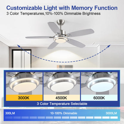 Ceiling Fan with Light and Remote/APP Control,50" Modern Indoor Ceiling Fan with DC Reversible Motor, Quiet 6 Speeds Flush Mount Ceiling fan Light for Bedroom,Dinnig Room,Brushed Nickel