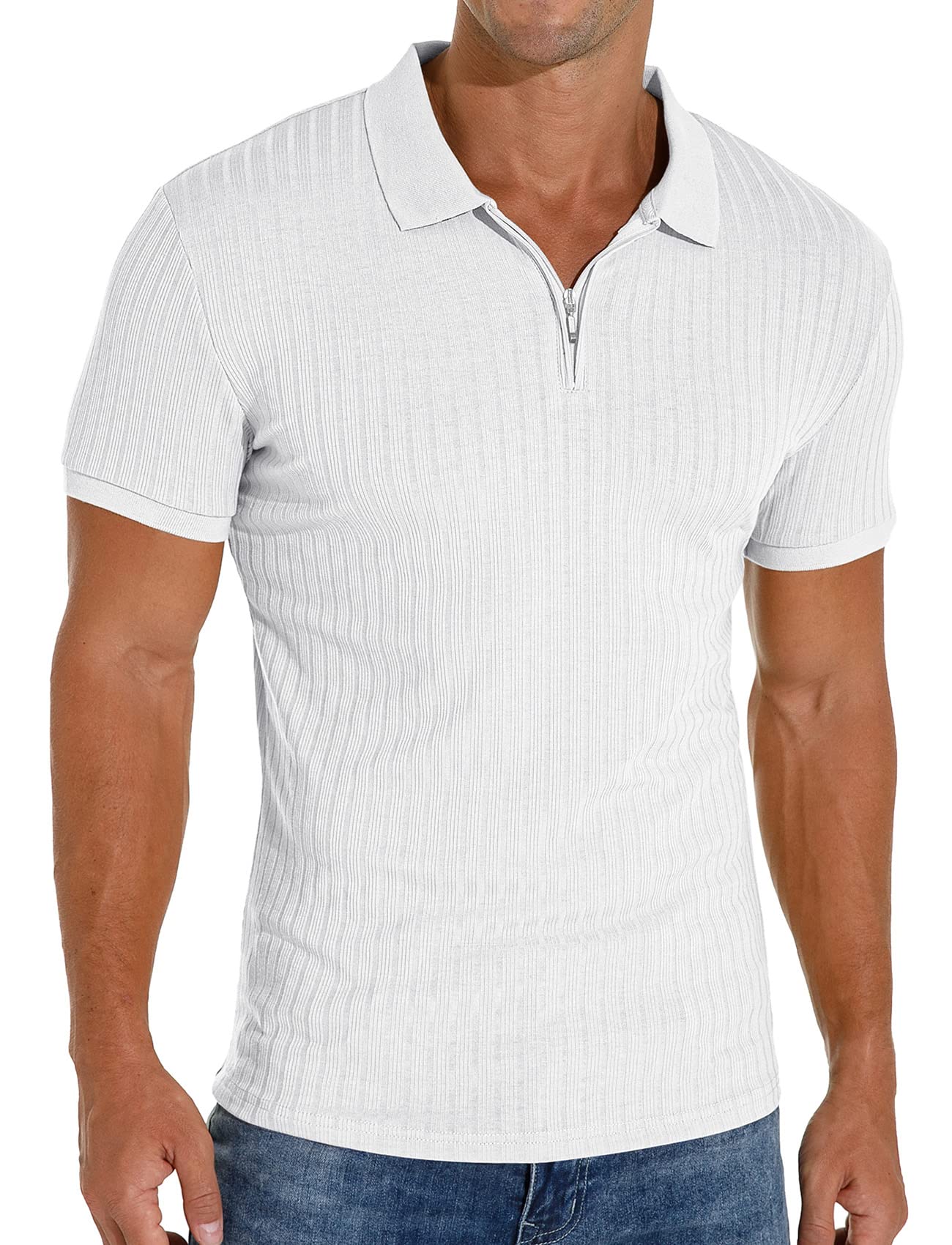 Askdeer Men's Zip Polo Shirts Classic Short Sleeve Stretch Slim Fit Casual T Shirts White