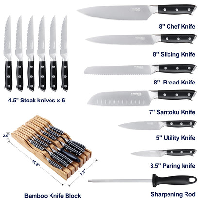 14-Piece Kitchen Knife Set with Bamboo Organizer